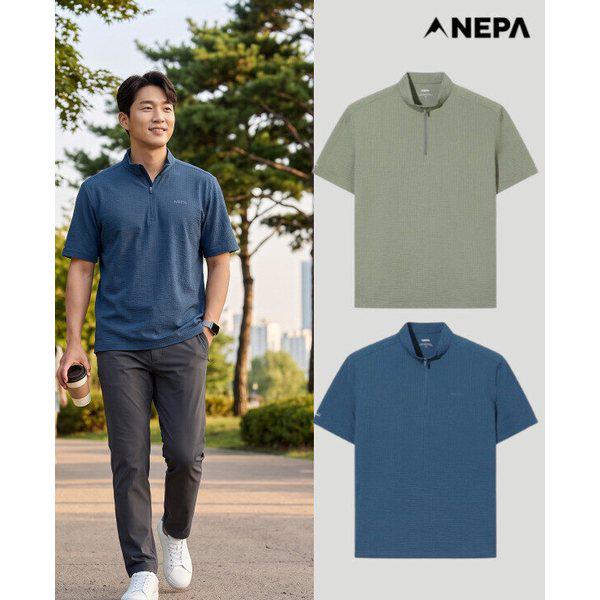 男性リニューシアサッカー半袖ジップアップTシャツ（2カラー）7M35418_GN