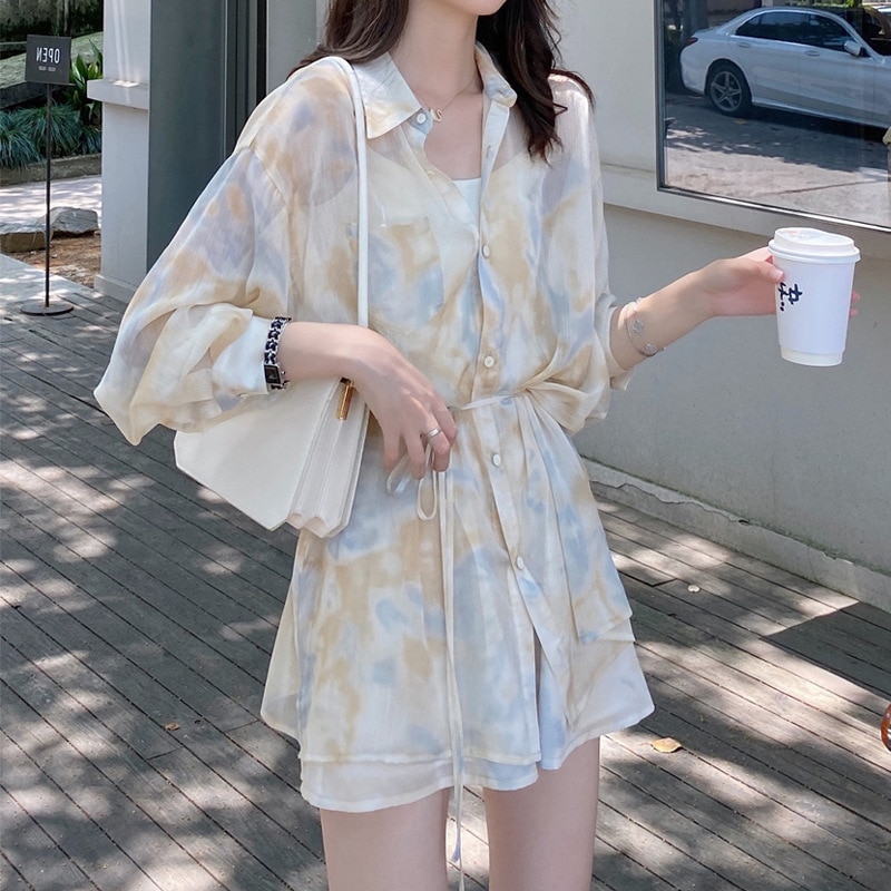 2024 ハイエンドカジュアル日焼け止めシフォン長袖ドレスシャツショーツツーピーススーツ女性夏
