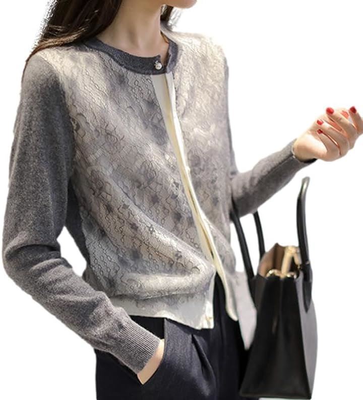 カーディガン レディース ニット フロントレース パールボタン 長袖 ラウンドネック パイピング シック ポリエステル BB022-GY-XL( グレー, XL)
