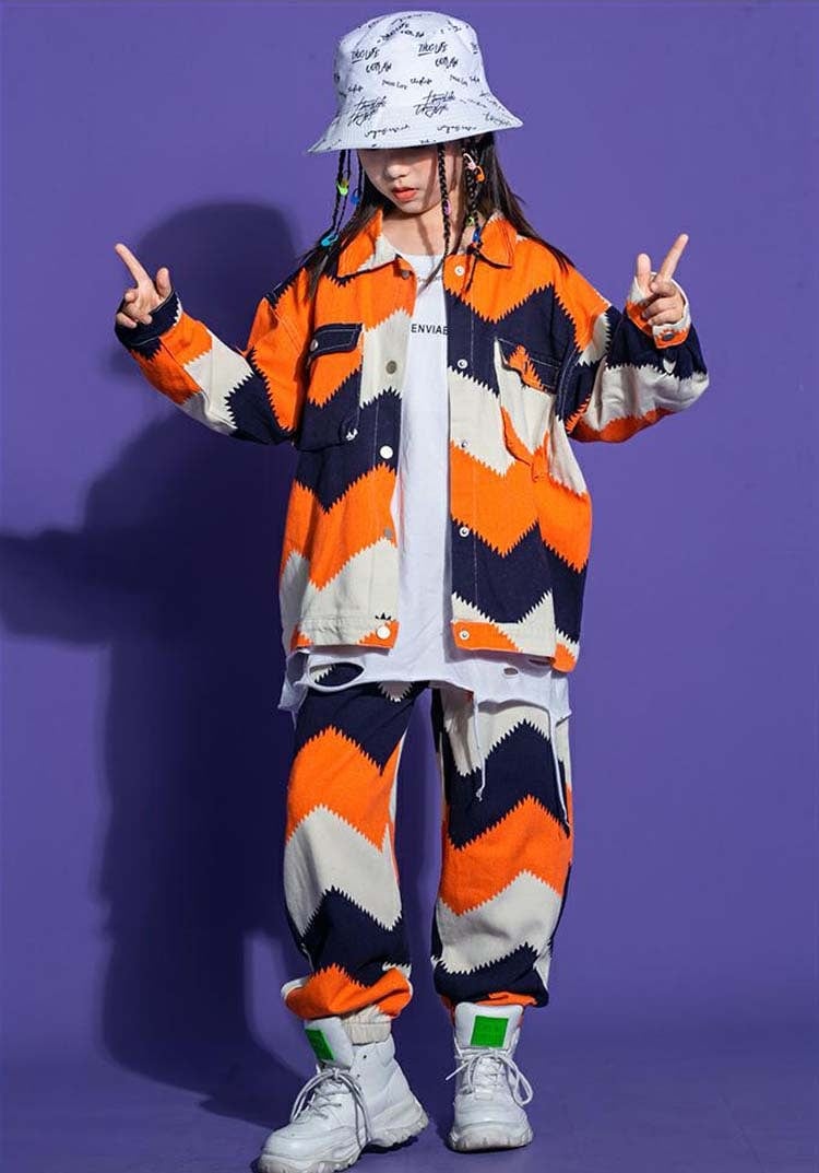 キッズ ダンス衣装 ヒップホップ HIPHOP セットアップ ジャズダンス ポップダンス パンツ シャツジャケット カーゴパンツ グリーン 緑 オレンジ ゆったり 長袖 派手 個性派 韓国 風 プリン