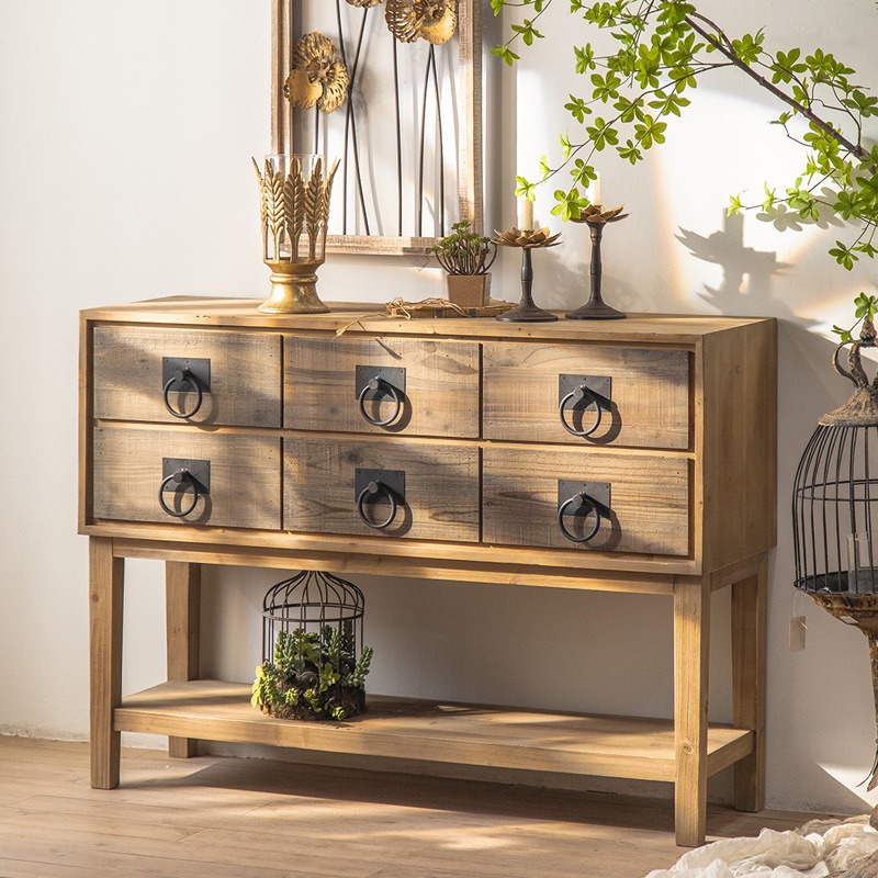 キャビネット アメリカンレトロ 無垢材 引き出し6個 収納 ヴィンテージ調 レトロ調 カントリー 北欧 西洋 カフェ風 お洒落 リビング