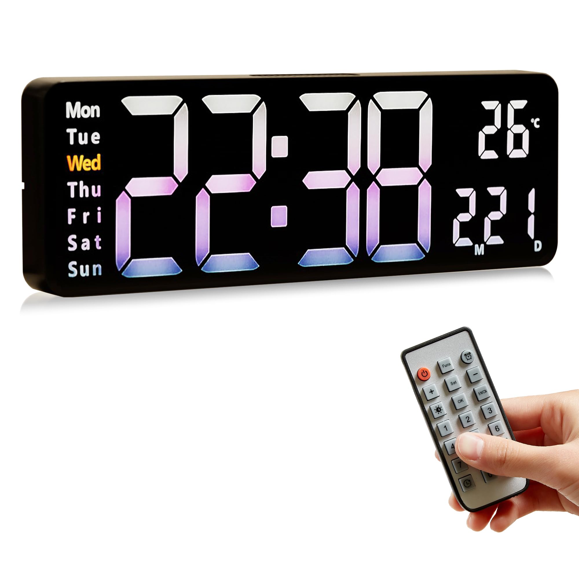 全国送料無料 VECELO 目覚まし時計 幅38.7X奥行3.2X高さ13cm usb給電 リモコン付き 明るさ自動感応 10段階明るさ調整 デジタル時計 壁掛け 日付 曜日 温度 置き時計 日本語説