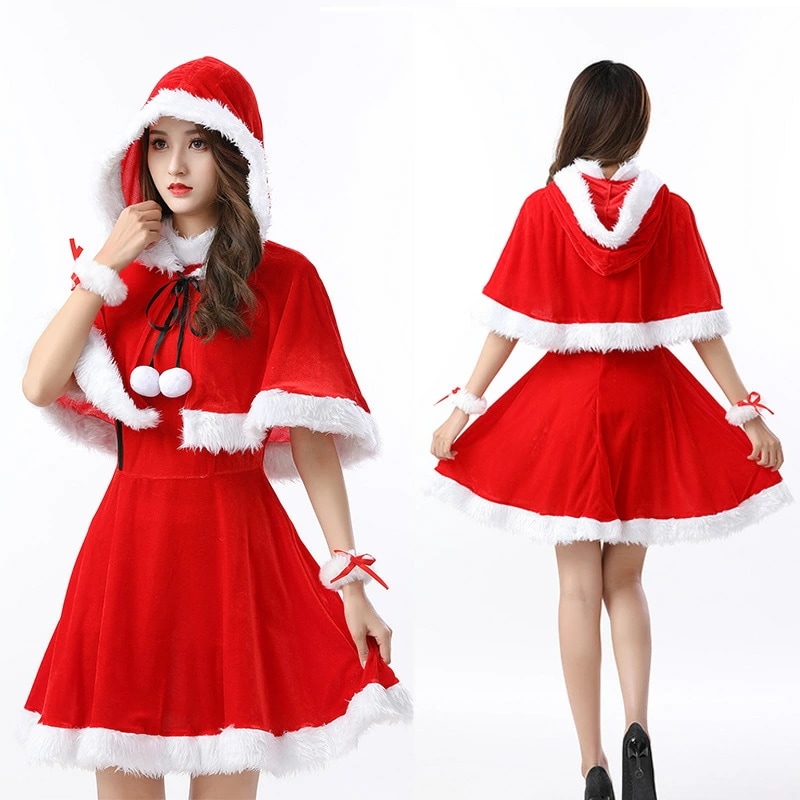 クリスマス サンタコス サンタクロース フード付きケープ コスチューム サンタ衣装 サンタ服 コスプレ 赤 レッド 女性 大人 可愛い クリスマス衣装 仮装 サンタガール イベント 演出 パーティー