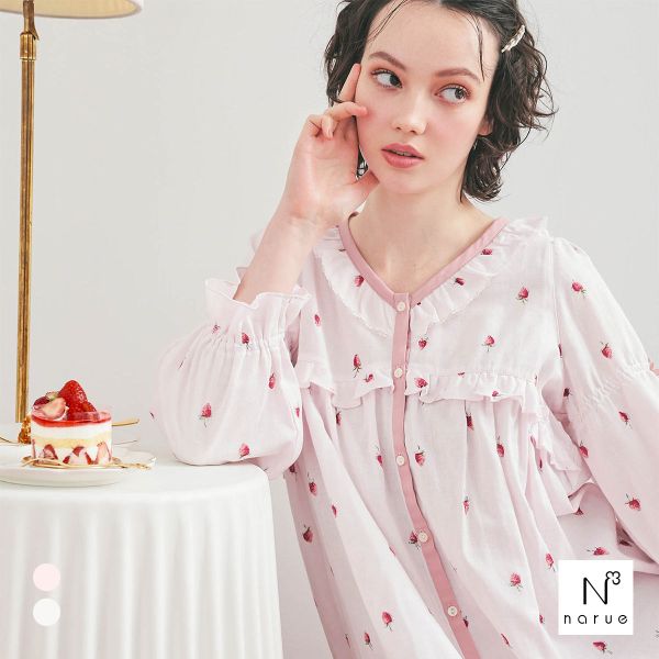 ナルエー パジャマ コットンダブルガーゼいちごフリルドレス ワンピース ルームウェア 長袖 レディー