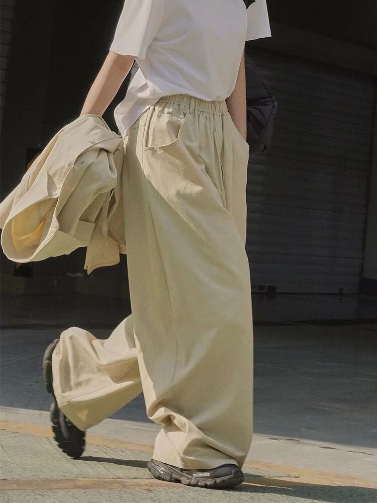 パンツ ワイド シンプル ストレート オーバーシルエット ウエストゴム カジュアル 無地 ハイウエスト 春夏 TKOR0030