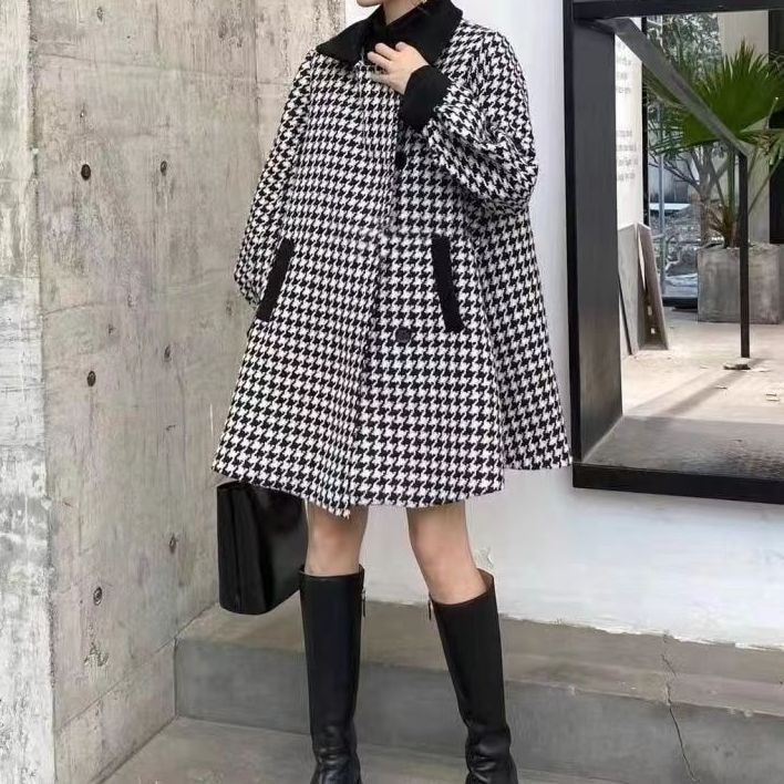 製品 気質 チェスターコート レディース コート ロング丈 トレンチコート ラシャ アウター 千鳥柄 韓国風 カジュアル 秋冬 ゆったり 厚手 防風 暖かい 上品