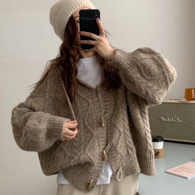 セーターカーディガン フード ブラウン ホワイト トップス ニットソー セーター カーディガン