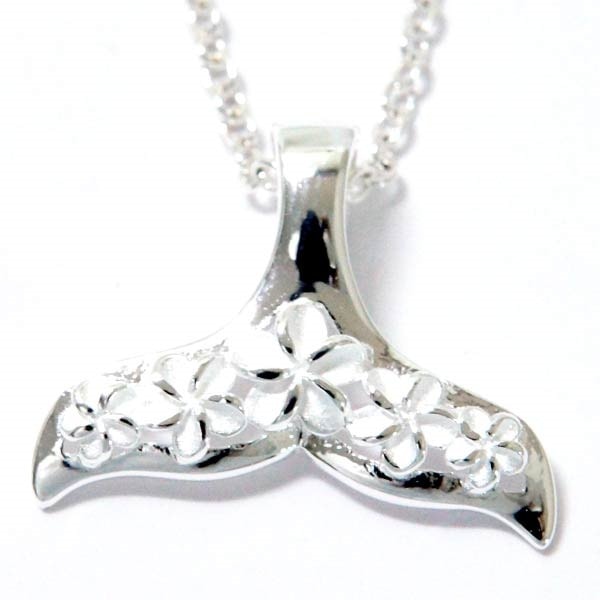 ホエールテールネックレス ハワイアンジュエリー ペンダント ネックレス ホエール クジラの尻尾 プルメリア 花 ホワイト テールフィン レディース シルバー925