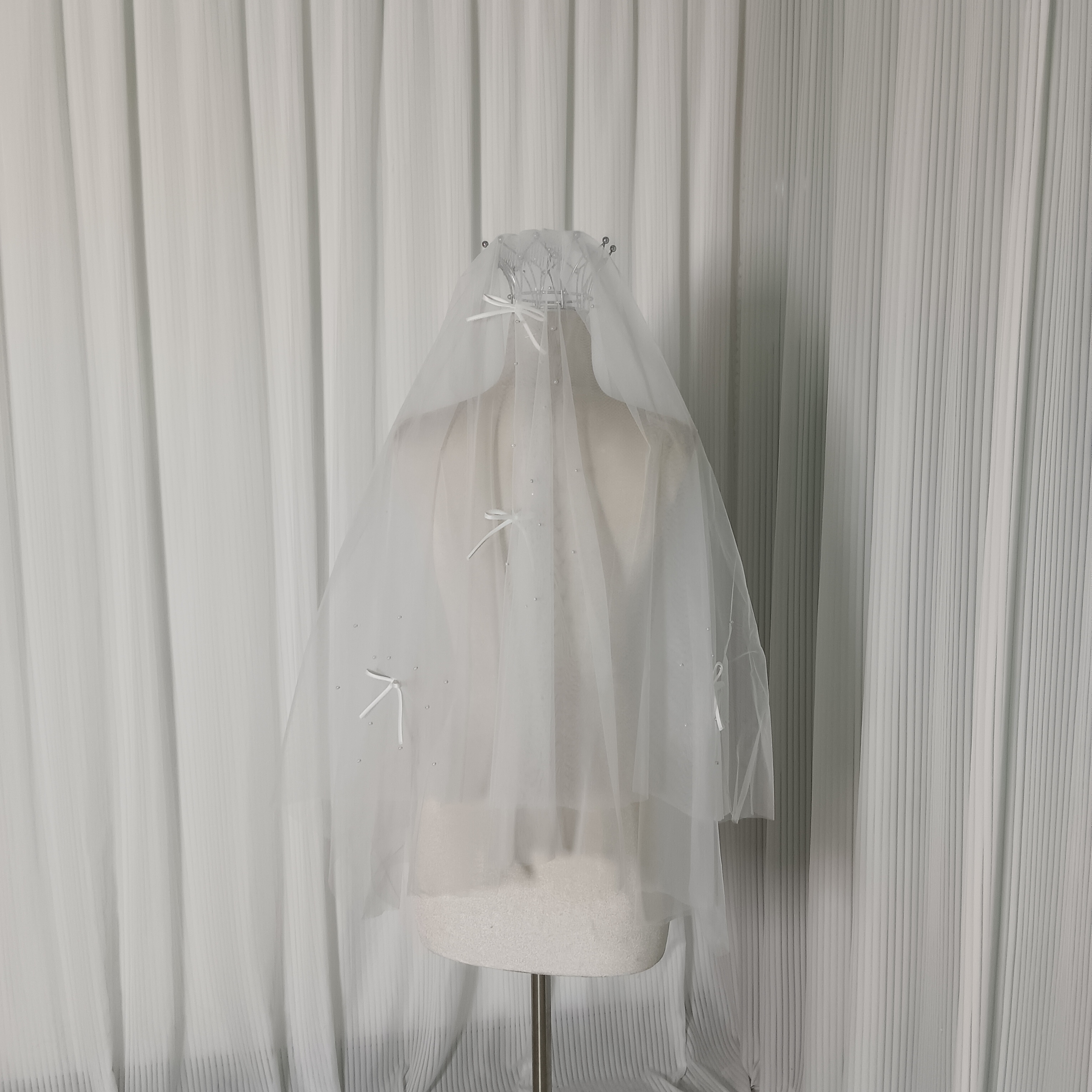 ショートベール パール リボン コーム付き オフホワイト 色直し 花嫁/ウェディングドレス