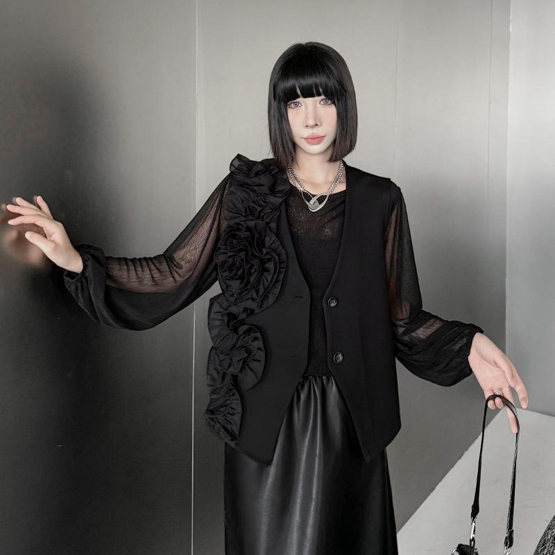 【Noir Mode】高級感溢れる 上品 立体フラワー/パッチワーク/ウエストコート/ジャケット