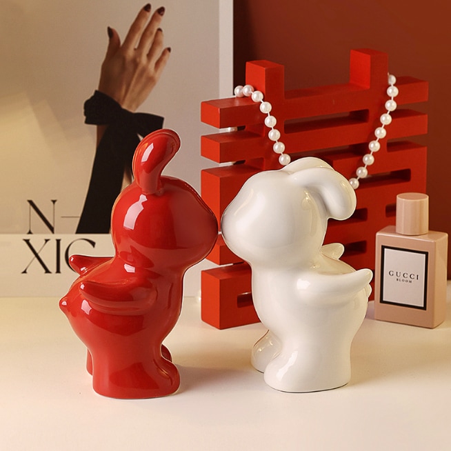 うさぎペアオブジェ モダンオブジェ うさぎモチーフ 紅白 可愛い 癒し インテリア 結婚祝い 新婚