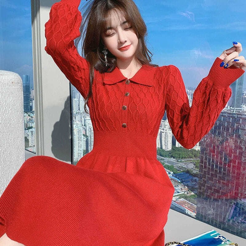 Qoo10] 赤いニットワンピース秋と冬の新しいロング : レディース服