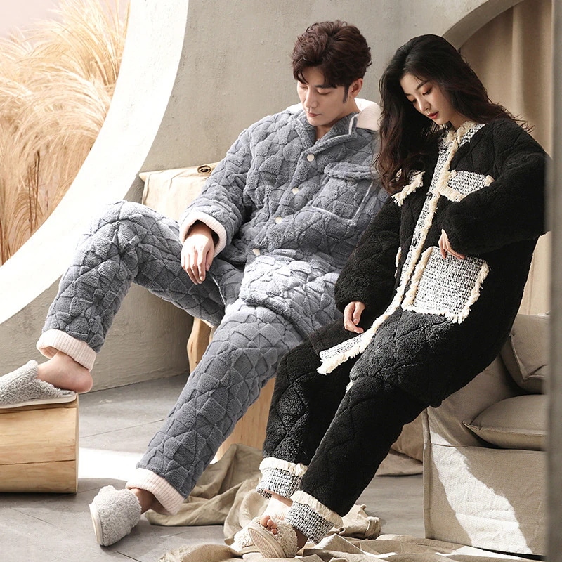 カップルパジャマレディース 冬サンゴベルベット三層綿パジャマ保温ルームウェア男性大サイズ寝間着部屋着