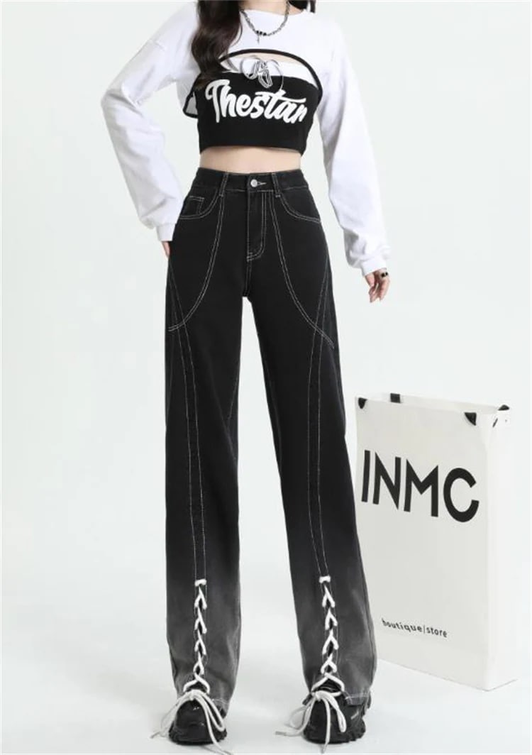 早い者勝ち バンディング ハイウエスト ジーンズ トレンド ヒップホップ スラックス ストレートパンツ ワイドパンツ ロングパンツ デニムパンツ