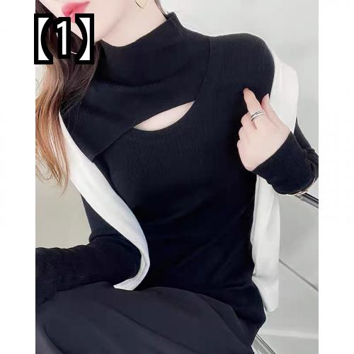 カットアウト トップス 韓国 秋冬 暖かい レディース 胸開き 無地 シンプル おしゃれ セクシー 長袖 緑 赤 青