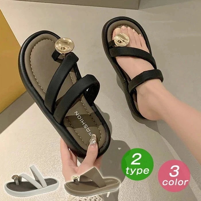 【20点セット】【送料無料】厚底サンダル リング 親指 レディース ミュール ビーチサンダル 金属飾り 夏 柔らかい かわいい おしゃれ ぺたんこ シンプル 滑りにくい 快適 疲れない 美脚 お出かけ