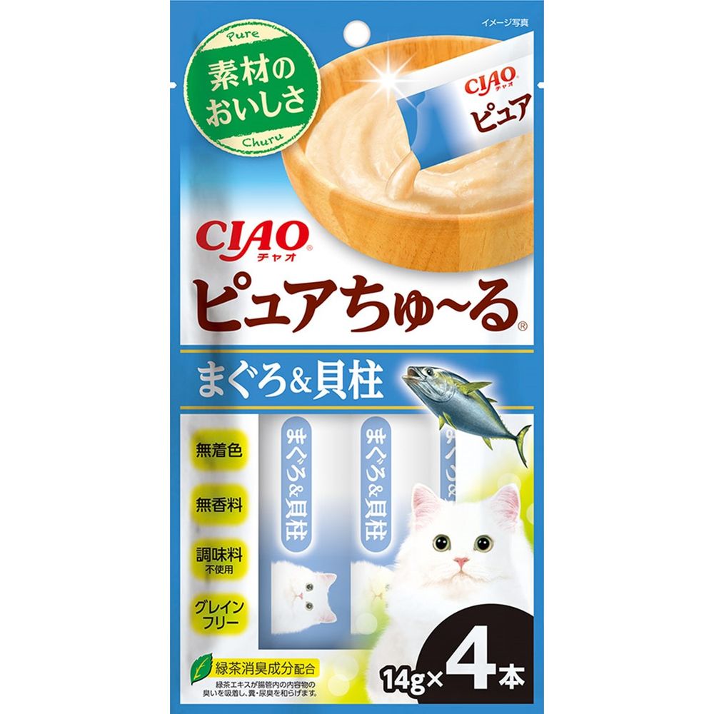 （まとめ買い）いなばペットフード CIAO ピュアちゅる まぐろ＆貝柱 14gx4本 猫用おやつ [x20]