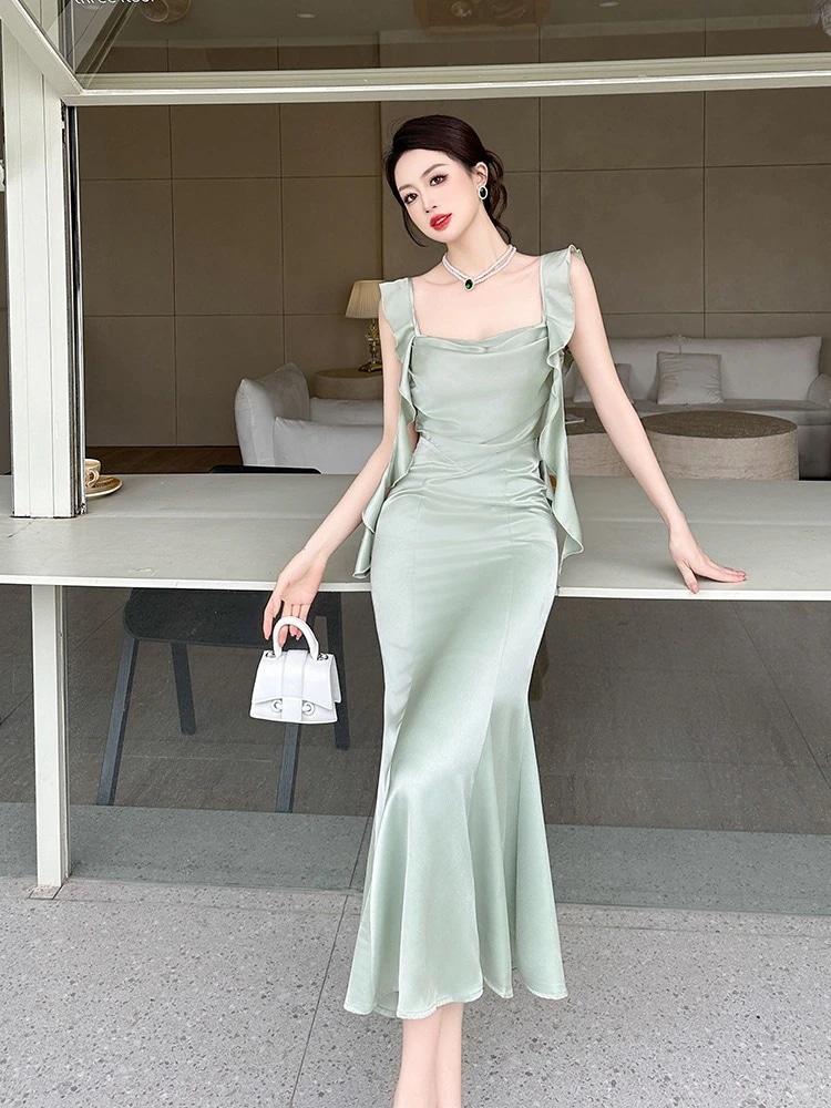 キャミワンピース フリル マーメイド ドレス パーティー キャバ 着痩せ 大人 お呼ばれ 同窓会 披露宴 卒業式 結婚式 ウェディング 二次会 成人式