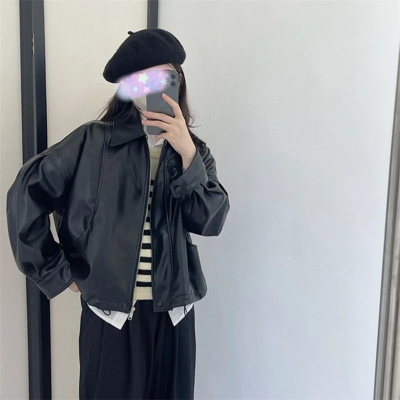 2023年春秋の新型日系レトロな開襟シングルブレストレザー女性PU皮ジャケット長袖コートブーム