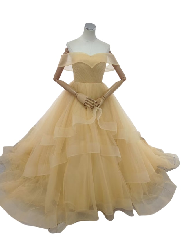 カラードレス パステルイエロー オフショルダー ラッフルフリル 可愛い ファスナー 演奏会