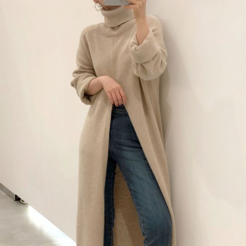 2色 ワンピース 長袖 秋冬 ロング ニット ワンピ ミモレ ミモレ丈 ロング ロング丈 マキシ マキシ丈 アンクル丈 7分丈 ミディアム丈 ミドル丈 ボリューム袖 萌袖 タートルネック フレア セミ
