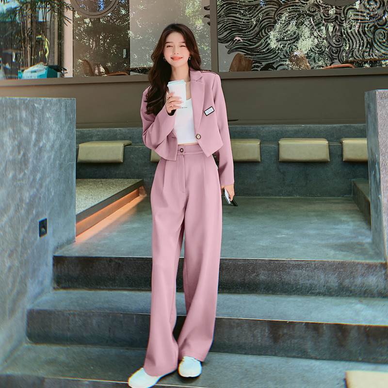 1～3日で出荷在庫セール2色セットアップでレディーススーツジャケットパンツ上下セットショートジャケット茶ピンクブラウン無地ボタン個性的かっこいいセクシー上着アウターワイドパンツ