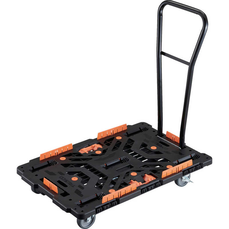 トラスコ中山　TRUSCO連結式樹脂製平台車ビートル900X600自在5輪内2輪ストッパー付脱着式ハンドル付柵とめたろう付 　BT900KJ5S2HE100T