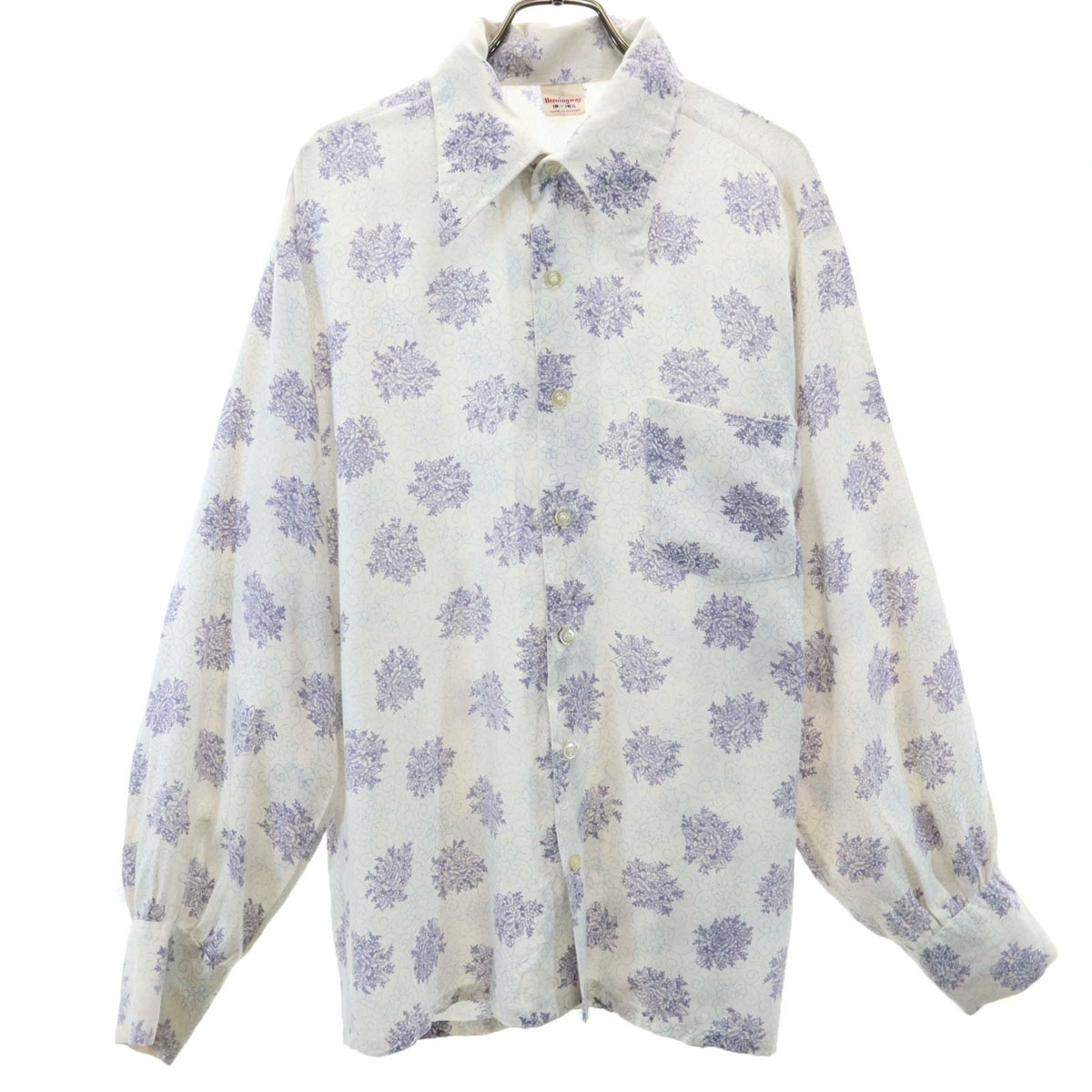 Hemingway ヘミングウェイ 70s 60s カナダ製 ヴィンテージ 花柄 長袖 シャツ 16-161/2 ホワイト メンズ 古着