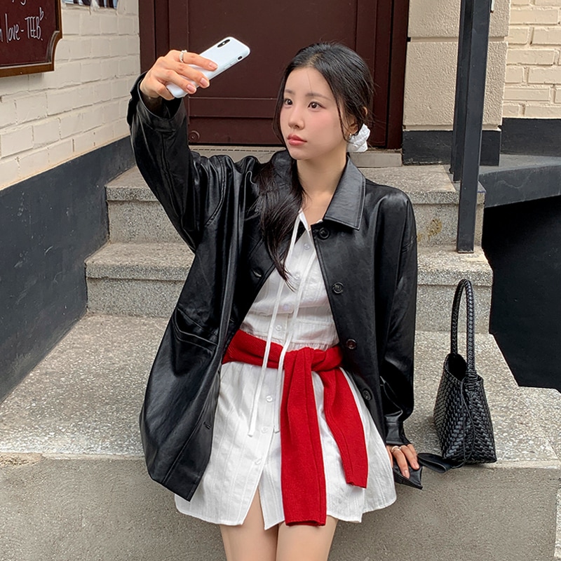 [tjk0414] 韓国ファッションレザーハーフジャケット