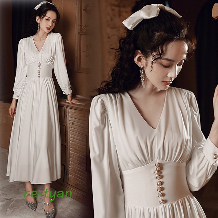 二次会 花嫁 白ワンピースウェディング ロングドレス ブライダル パーティー 女子会演奏会 発表会結婚式 Aライン 撮影発表会 エンパイアドレス ワンピース