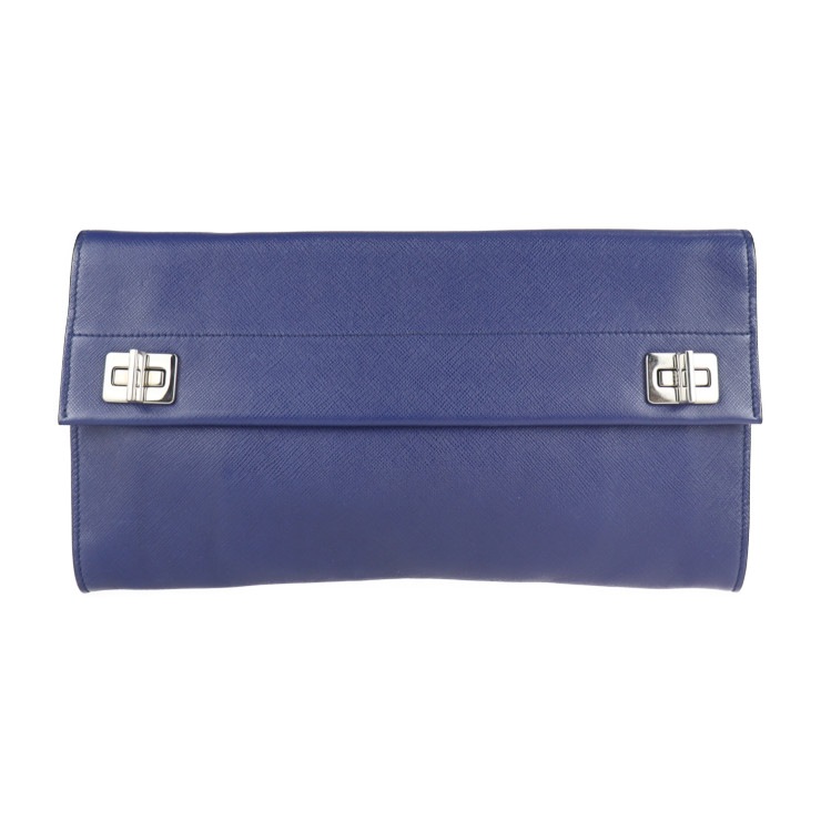 美品 PRADA プラダ クラッチバッグ BP0836 バッグ サフィアーノ ソフト レザー INCHIOSTRO ブルー系 シルバー金具 セカンドバッグ ターンロック フラップ 本物保証 中古