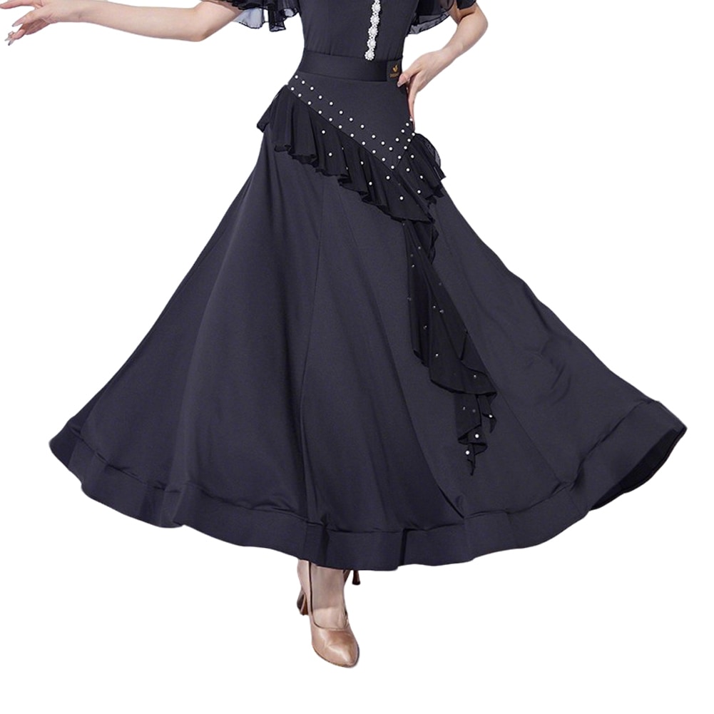社交ダンススカート（単品）パール付き モダンドレス レディース ワルツ ロングスカート ダンススカート衣装 大きい裾スカート ゴムスカート レッスン用 レディース ダンス衣装 競技ダンス モダン
