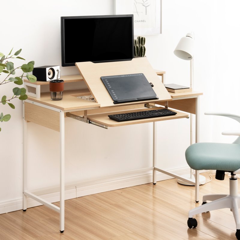 パソコンデスク ハイタイプとロータイプに切り替え可能 多段階調節ホルダー付き オフィスデスク 木製 学習机 いくつのPC設備同時使用可能