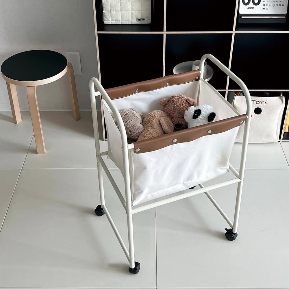 ベージュデーファブリックトロリー 韓国インテリア スチール 組み立て式 布 キャスター付き ストッパー付き 防水 コンパクト 収納 ランドリー バスケット 50x36.5x78cm 8,970円