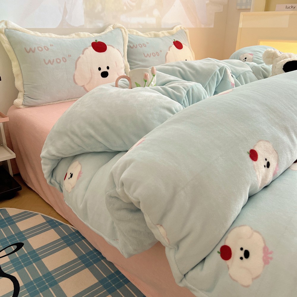 かわいい漫画の厚手のミルクフリース寝具セット冬用の厚手のコーラルフリース布団カバーフリース裏地付きシングル寝具