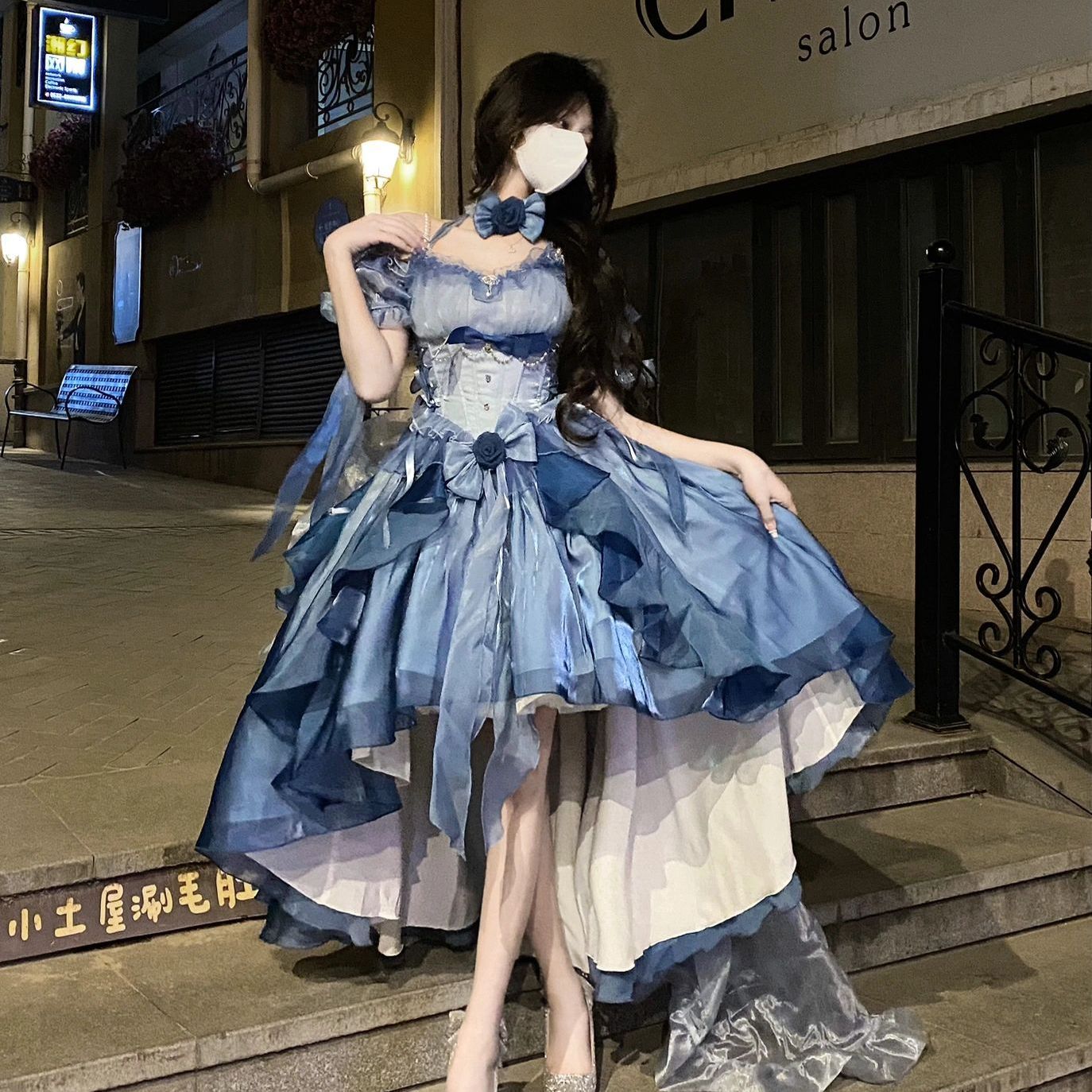 ブルーウェディングドレス ロリータドレス ドレス ロリータ重工テールふわふわプリンセスドレス