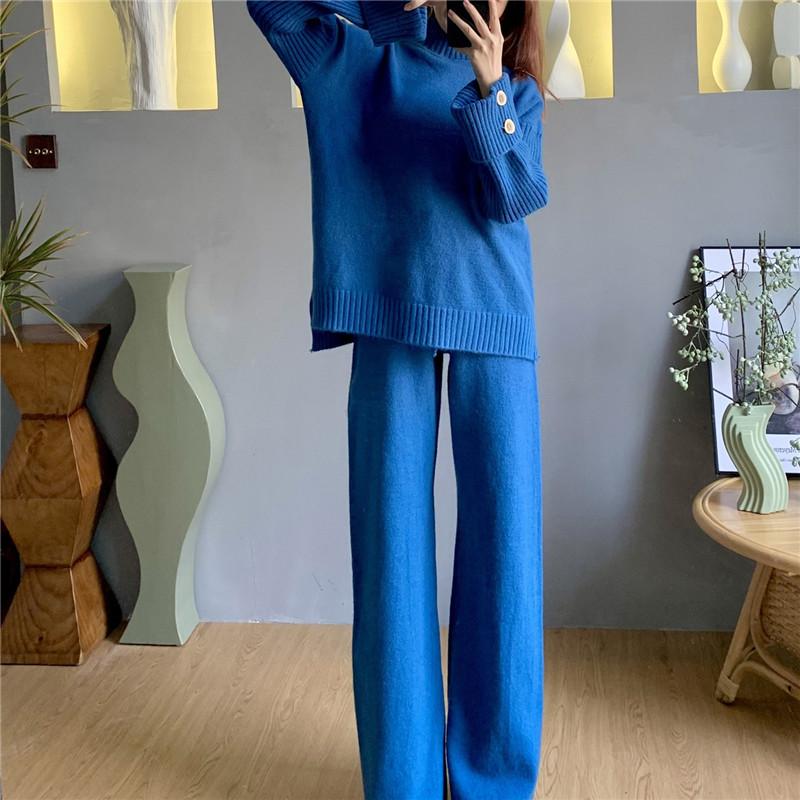 ニットセットアップレディース秋冬長袖上下セットニットセーターゆったりプチハイネックワイドパンツ2点セット部屋着プルオーバーお呼ばれ 5,410円