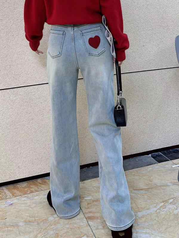 レディース ファッション カジュアル おしゃれ 愛 刺繍 ナロー ストレート ジーンズ 大きいサイズ ヒップ ワイドレッグ 厚手 スリム ワイドレッグ パンツ 5,248円