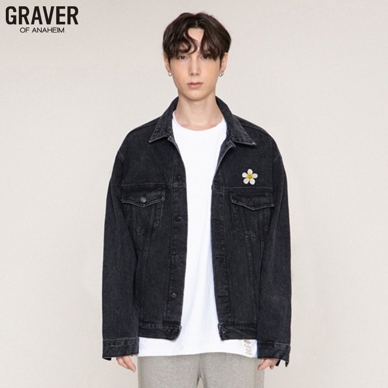 [UNISEX]フラワードット刺繍DENIM JACKET_BLACK