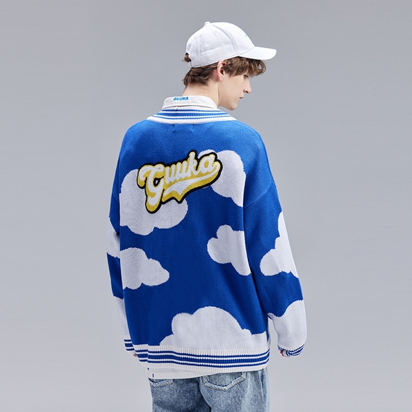 ジョイント青と白の漫画刺繍ルーズ V ネック セーター