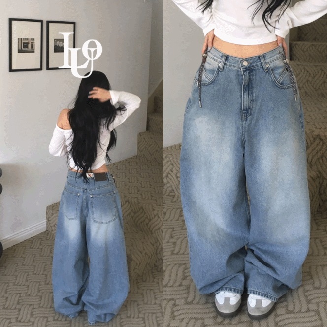 [ストリングpoint] ワイドデニム薄青ロングパンツ