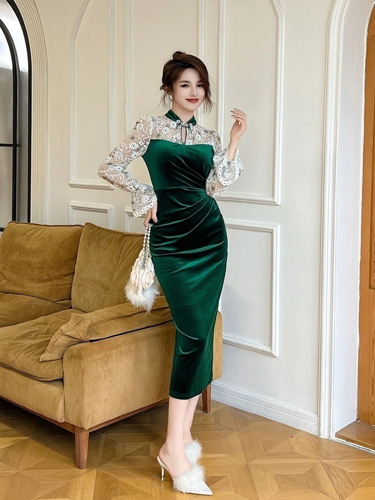 【JY.上品】 2025春冬 チャイナドレス レース フリル パーティードレス 着痩せ 大人 お呼ばれ 同窓会 披露宴 卒業式 結婚式 ウェディング 二次会 成人式