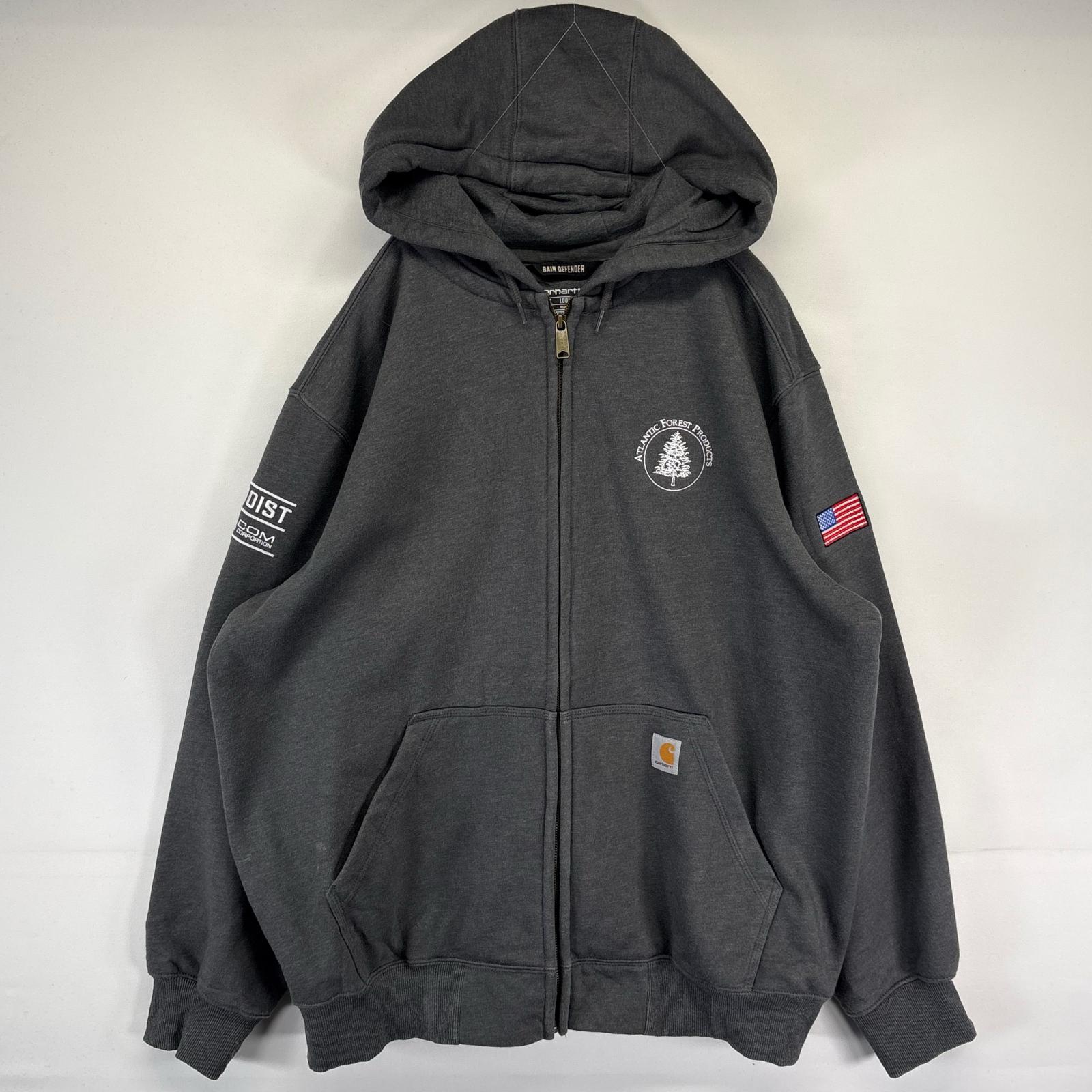 古着 パーカー フルジップ ロゴ刺繍 ワンポイント 大きいサイズ フーディ XL ダークグレー系 メンズ