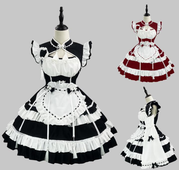 新作 メイド服 ロリータワンピース 中華風メイド服 可愛いティアードワンピース ロリータ服 レディース ハロウィン コスプレ 衣装 可愛い エプロンワンピース 喫茶店 メイド コスプレ衣装 学園祭