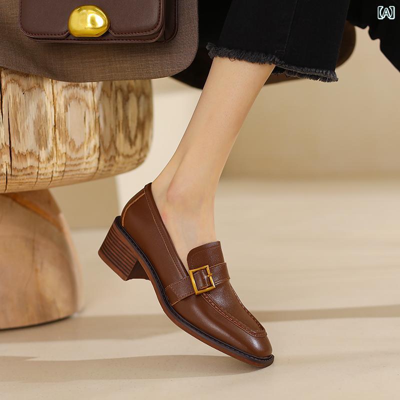 ローファー レディース オフィス 通勤 仕事 レトロ スクエアトゥ 太い ヒール 女性用 シングル シューズ 英国 小さい 革靴 革 ブラウン スリッポン ソフトレザー ミッド ヒール