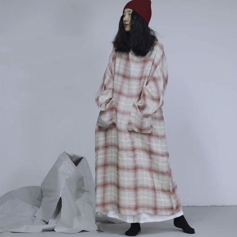 新作 トレンドロングワンピース レディース 綿麻 長袖 ワンピース ロング丈 シャツワンピ マキシ丈 チェック柄 体型カバー カジュアル 大きいサイズ 薄手