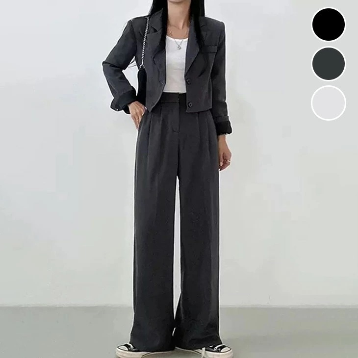 ショート丈 ジャケット ハイウエストパンツ セットアップ ワイドパンツ シンプル 無地 オフィス 秋冬 おすすめ レディース オシャレ トレンド 人気 プチプラ 韓国ファッション