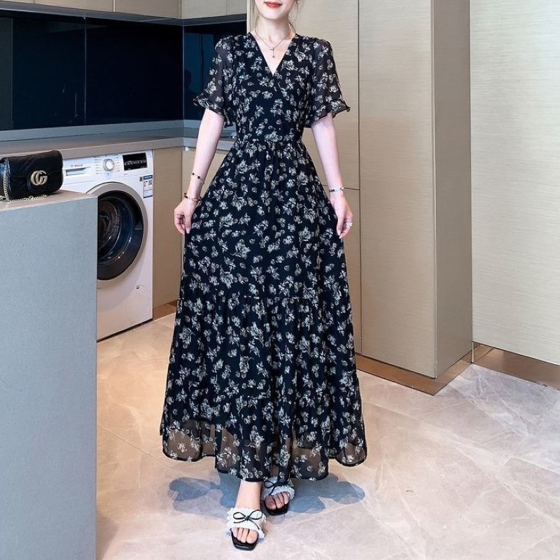 ワンピース フレアワンピース 花柄ワンピース ロング マキシ丈 半袖 Vネック Aライン ウエストゴム シンプル 大人 上品 エレガント 存在感 花柄 春 夏 レディース デート お出かけ 休日