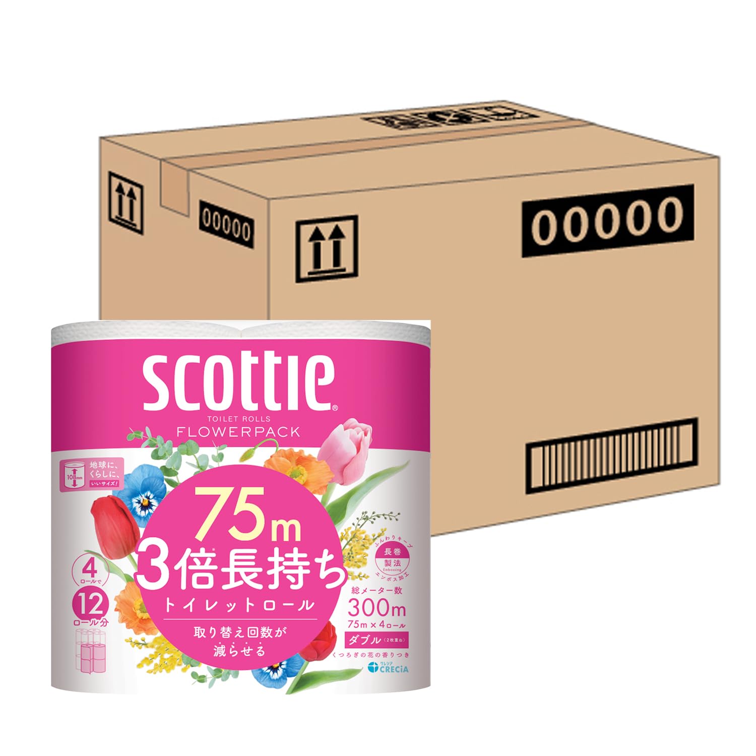 Scottie スコッティ 【ケース販売】 フラワーパック 3倍長持ち トイレットホワイト 4ロール 75mダブル ×12パック入り