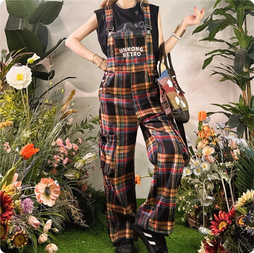 【3日で出荷】復古 かわいい カラフルなチェック柄 夏 新着情報 ズボン サロペット オールインワン レトロチェックオーバーオール